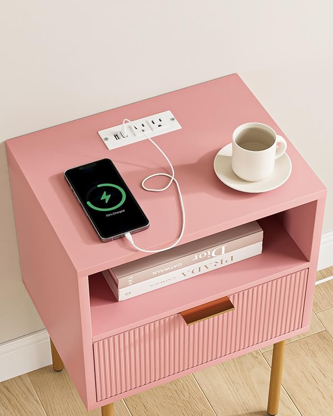 Masupu Nightstand with Charging Station,Mid-Century Modern Bedside Table with Storage Drawer and Open Wood Shelf,Small Gold Frame Side Table for Bedroom,Living Room (Pink)
