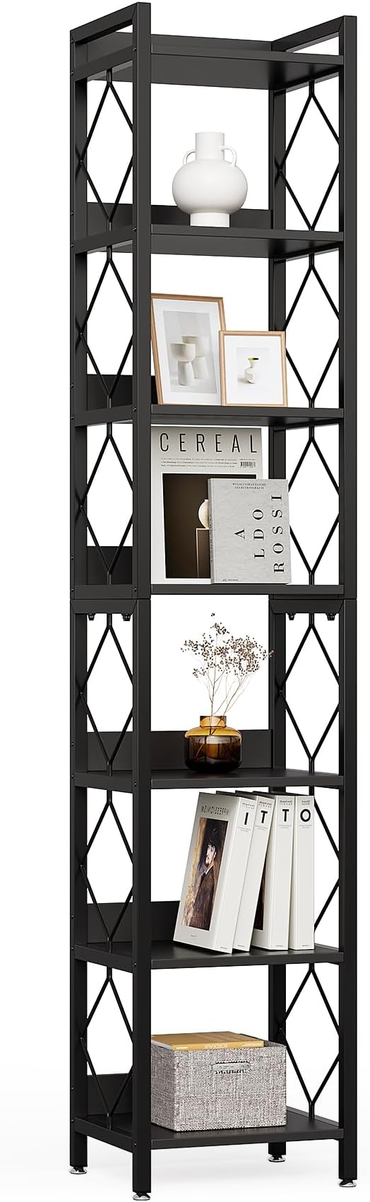 LITTLE TREE Corner Book Shelf, 7-Tier Tall Bookcase, 78" Display Shelves with Sturdy Metal Frame for Living Room, Modern Narrow Standing Bookshelves, Black Office Shelf for Small Spaces, Bedroom
