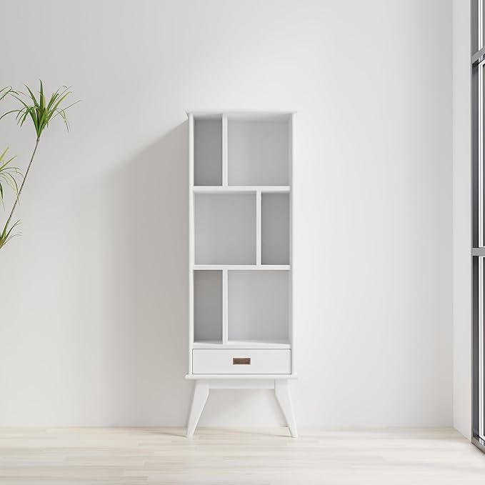 SIMPLIHOME Draper Solid Hardwood 64 inch x 22 inch Mid Century Modern Bookcase and Storage Unit in White for The Living Room, Study Room and Office
