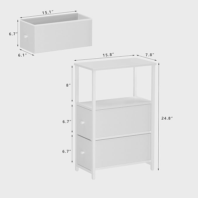 TUTOTAK Small Narrow End Table, Set of 2, Side Table, Nightstand with 2 Cloth Drawers, Couch Table, for Living Room, Bedroom, Bedside, White TB01BW054