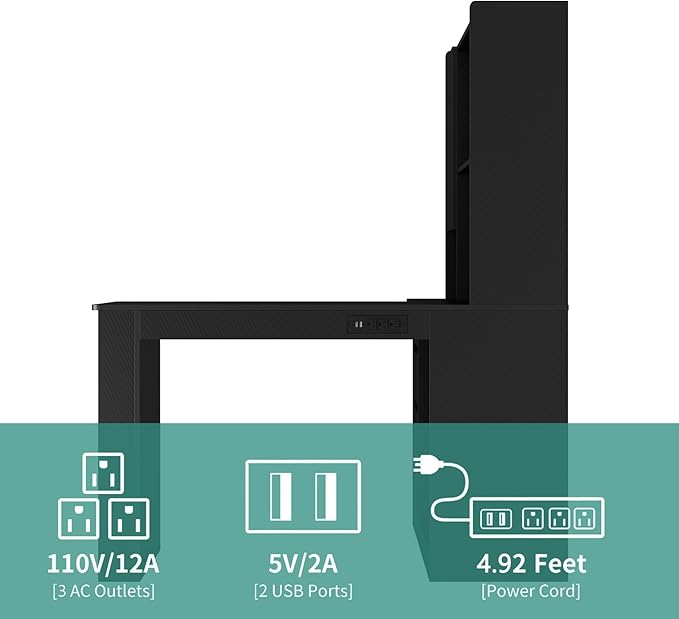 KEIKI L Shaped Home Office Desks with LED Light, Pegboard, Hutch, Drawers, Bookshelf & Storage Shelves, Modern Wooden Gaming Computer Corner Table for Work, Study, Writing
