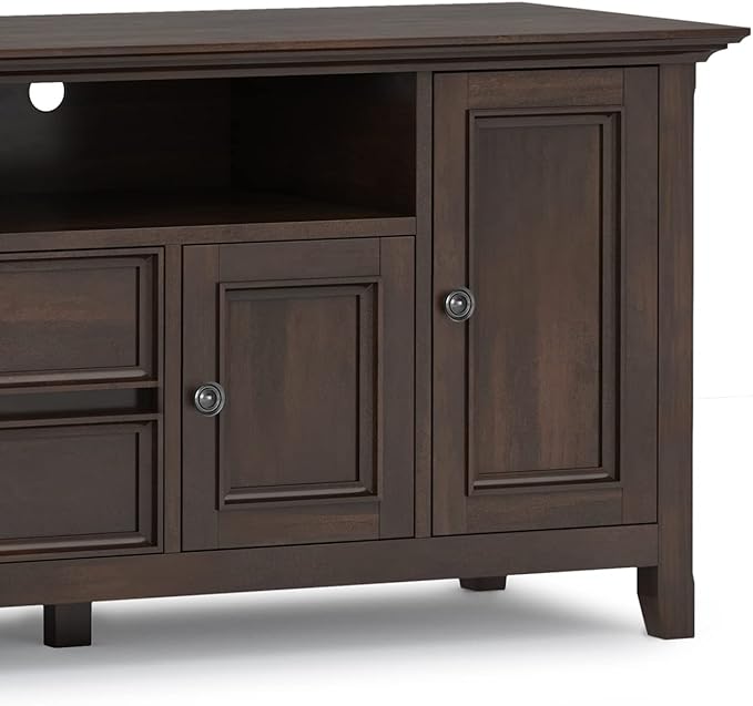 SIMPLIHOME Amherst 72-inch Wide Solid Wood TV Stand in Brunette Brown, Transitional-Style Media Console for Living Room with Cable Management and Adjustable Shelves, Fits 80" TVs