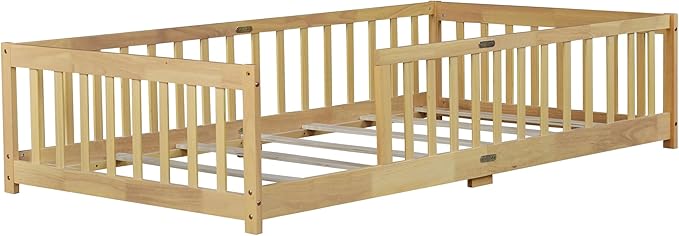 Bellemave Twin Floor Bed with Slats and Safety Guardrails, Kids Montessori Floor Beds with Fence and Without Door, Easy Assemble Floor Bed for Kids, Girls, Boys, Natural