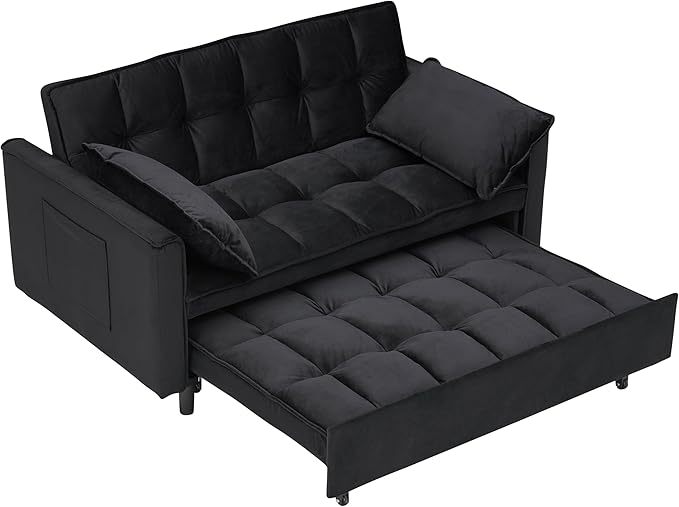Ball & Cast 55" Convertible Sleeper Sofa Bed,Convertible Pull Out Couch with 2 Pillows,Adjustable Backrest & Side Pocket,Loveseat Futon Sofa Bed for Living Room,Apartment,Velvet Fabric,Black