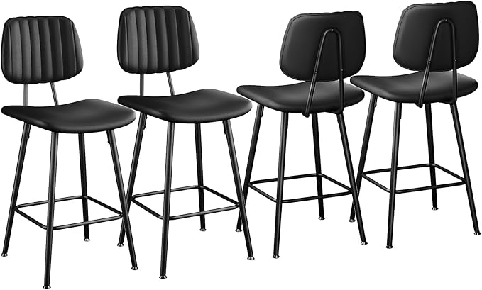 24-Inch Leather Bar Stools Set of 4, Counter Height Barstools with High Backrest，Bar Chairs for Kitchen Island with Heavy Duty Metal Legs, Black