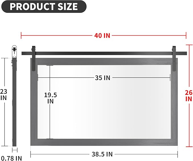 PAIHOME Large Gray Wall Mirror, Farmhouse Horizontal Rustic Square Bathroom Mirror for Wood Framed Vanity Mirrors, Barn Door Style Decor Living Room Entryway Bedroom 40x26INCH, Grey