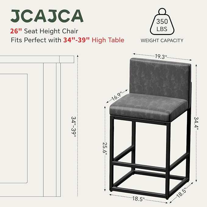 Barstools Set of 2 Grey Metal Bar Stools Modern Bar Chairs Pu Leather for Kitchen Island Counter Height Cafe Resturant Stools, 26 Inch