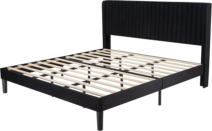 Allewie King Size Velvet Bed Frame/Vertical Channel Tufted Wingback Headboard/Upholstered Platform Bed/Strong Wooden Slats/No Box Spring Needed/Easy Assembly/Black