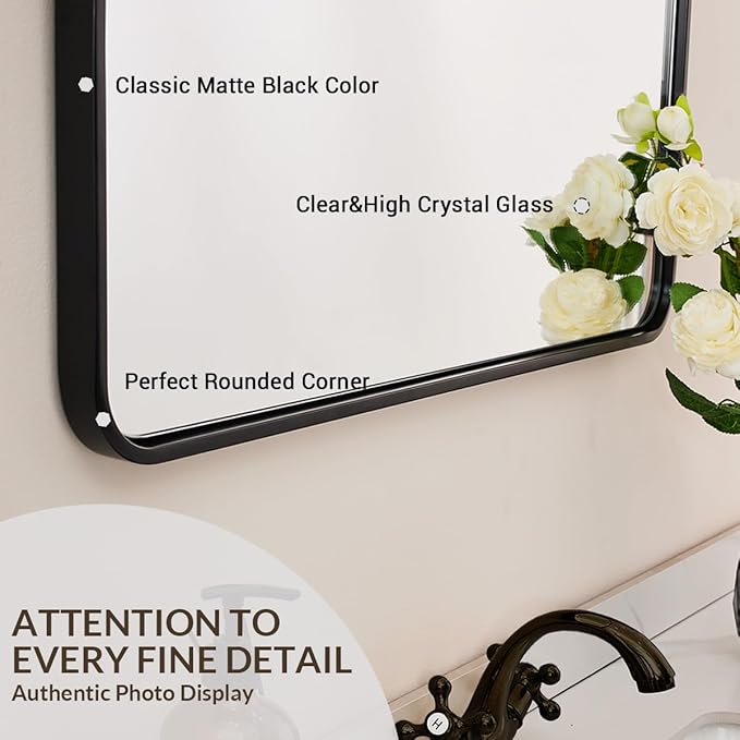 ANDY STAR 40X36 Inch Black Bathroom Mirror, Black Bathroom Vanity Mirrors for Wall, Rounded Rectangle Mirror for Bathroom, Seamless Tube Metal Frame, 1’’ Deep Wall Mounted Vertical/Horizontal