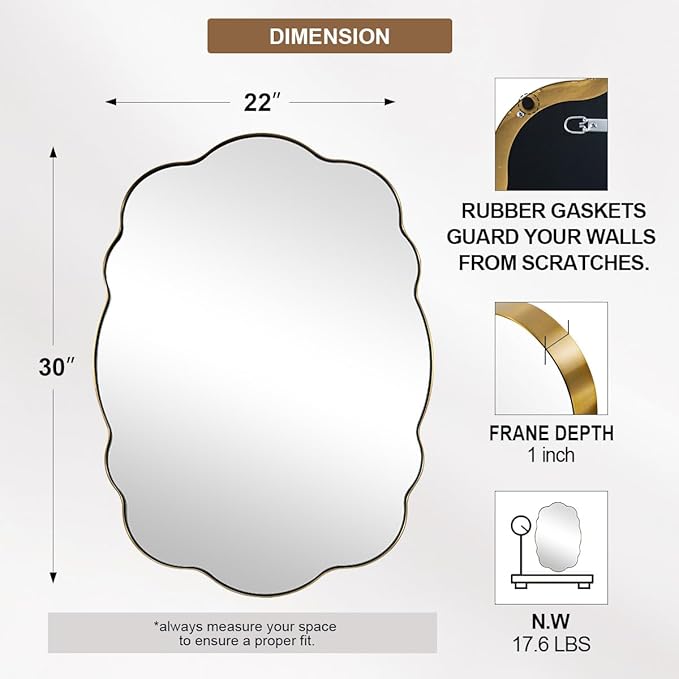 ANDY STAR Brushed Gold Scalloped Mirror - 22x30 Inch Bathroom Mirror, Vintage Oval Vanity Mirror, Rust-Proof Anti Rust Stainless Steel Wall Mount Horizontal or Vertical