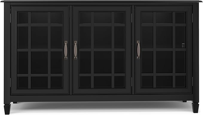 SIMPLIHOME Connaught Solid Wood 60 inch Wide Traditional Wide Storage Cabinet Buffet in Black for The Living Room, Entryway and Family Room