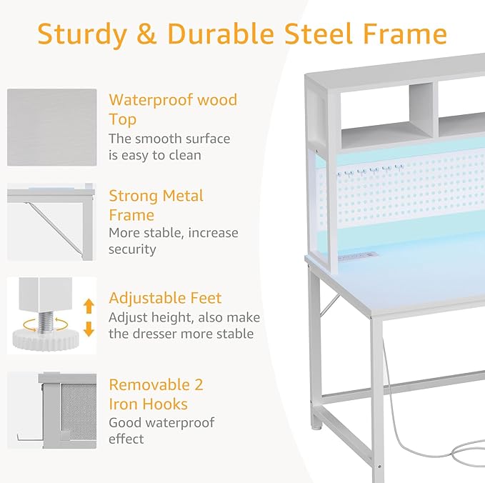 White Computer Desk with Hutch and Pegboard - Computer Desk with Power Outlets, 47 Inch Modern Study Teen Desk with Pegboard Storage Bag, Hooks and Side Bag,Writing Desk for Bedroom Home Office