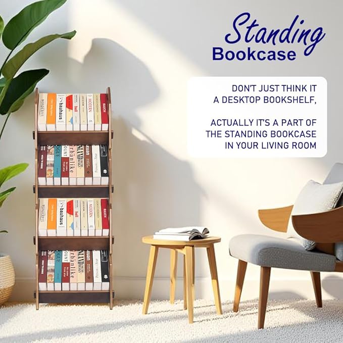 Desktop Bookshelf, Stackable Book Organizer with Handle, storage rack for CD/Magazine/File Folder, Portable Small bookshelf for Study, Living room, Kid's room, No Nails, Medium Size