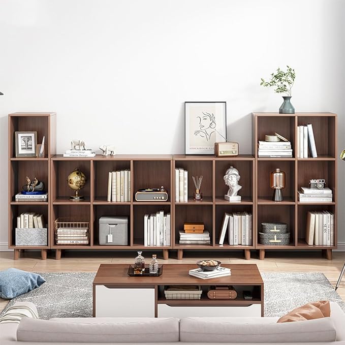IOTXY Open Cube Low Bookcase - 3-Tier Freestanding Storage Display Cabinet Organizer with Legs for Home Office, 3-Cubes Open Shelf Short Bookshelf, Walnut