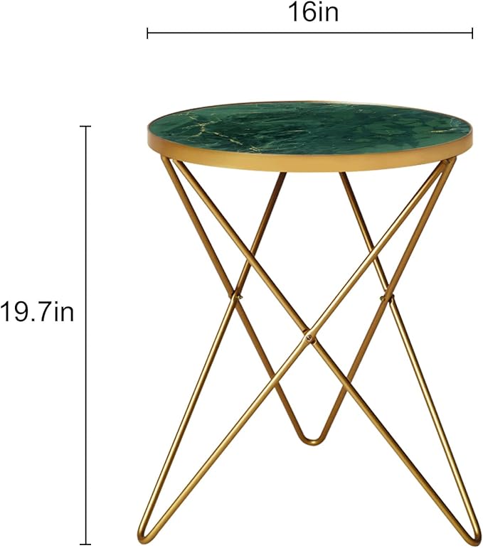 HLR Modern Round Side Table, End Table with Marble Effect Top and Gold Metal Frame, Small Side Table for Living Room, Bedroom, Sofa and Couch, Gold Legs, Green Marble top