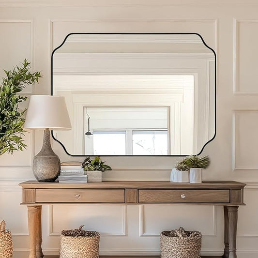 30"x40" Large Bathroom Mirror, Matte Black Scalloped Mirror for Bathroom, Black Irregular Wall Mirror, Unique Shape Design with Superior Stainless Steel Frame, Weigh 30.5Lb