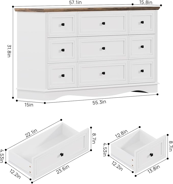 57" Wooden Dresser with 9 Drawers, Modern Farmhouse Furniture Organizer, Chest of Drawers with Rustic Top, Bedroom Storage Cabinet for Clothes, Accessories, Living Room, or Entryway, White