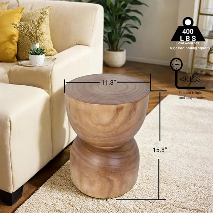 Small Wooden Side Table, 15.75" H Hand Carved Rustic Tree Stump End Table, Natural Paulownia Wood Compact Round Coffee Table, Mini Indoor Outdoor Wood Stool for Living Room, Bedroom, Patio, Garden