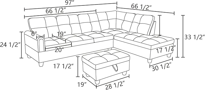 L Shaped Sectional Sofa with Ottoman, Modern Couches for Living Room, Microfiber Facing, Bedroom, Office