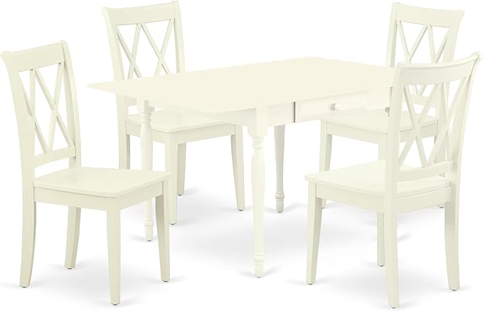 East West Furniture MZCL5-LWH-W 5 Piece Dinette Set for 4 Includes a Rectangle Dining Room Table with Dropleaf and 4 Dining Chairs, 36x54 Inch, Linen White