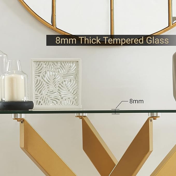 Modern Cross-Leg Console Table with 8mm Tempered Glass - Gold Geometric Entryway Table for Living Room & Bedroom, 45”Lx18”Wx30”H (Luxury Gold Finish)