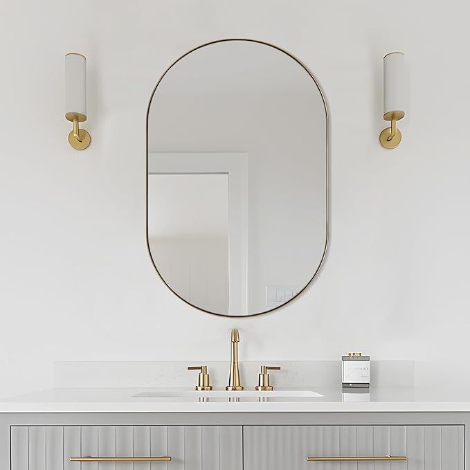 ANDY STAR Oval Mirrors for Bathroom, 26x38 Inch Gold Oval Mirror, Oval Brass Mirror Pill Shaped Stainless Steel 1’’ Deep Metal Frame Mirror Hang Vertically & Horizontally Ideal for Limited Space