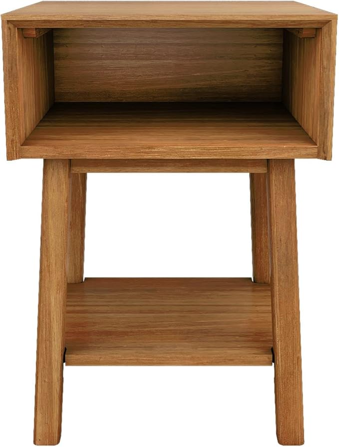 Plank+Beam Wooden Side Table with Cubby Storage Shelf, Mid Century Modern End Tables for Living Room, Small Solid Wood Nightstand, Bedside Tables, Bedroom Furniture, Pecan