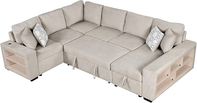 109" U-shaped Sectional Pull-out Sofa Bed with Storage Chaise,2-in-1 Convertible Couch W/ 4 Back Pillow & 2 USB Ports,Luxurious Sleeper Furniture Set for Living Room Large Space,Beige Chenille