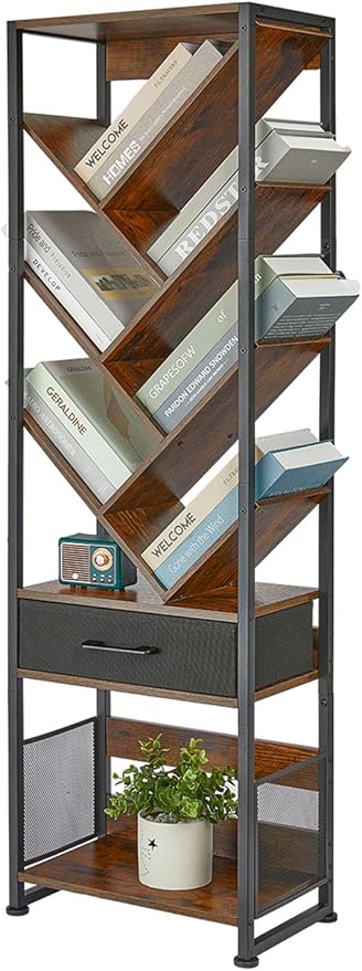 Bookshelf with Drawer,10 Tier Tree Bookcase Retro Floor Standing Bookshelves,Tall Wood Bookcases with Cabinet Storage Organizer for Living Room, Bedroom & Home Office, Classic