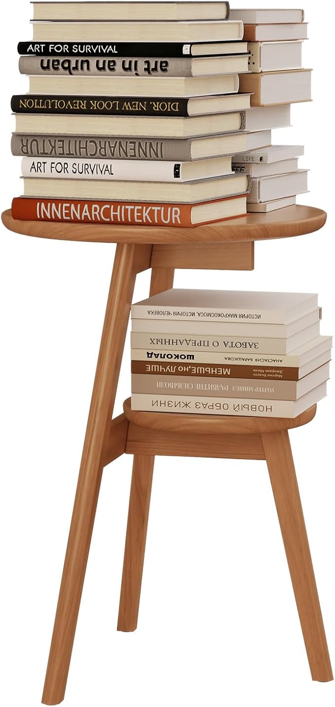 Small End Table Round End Table,Solid Wood Round Side Table with Lower Shelf，Nightstand for Small Spaces,Living Room,Bedroom(Cherry Color)