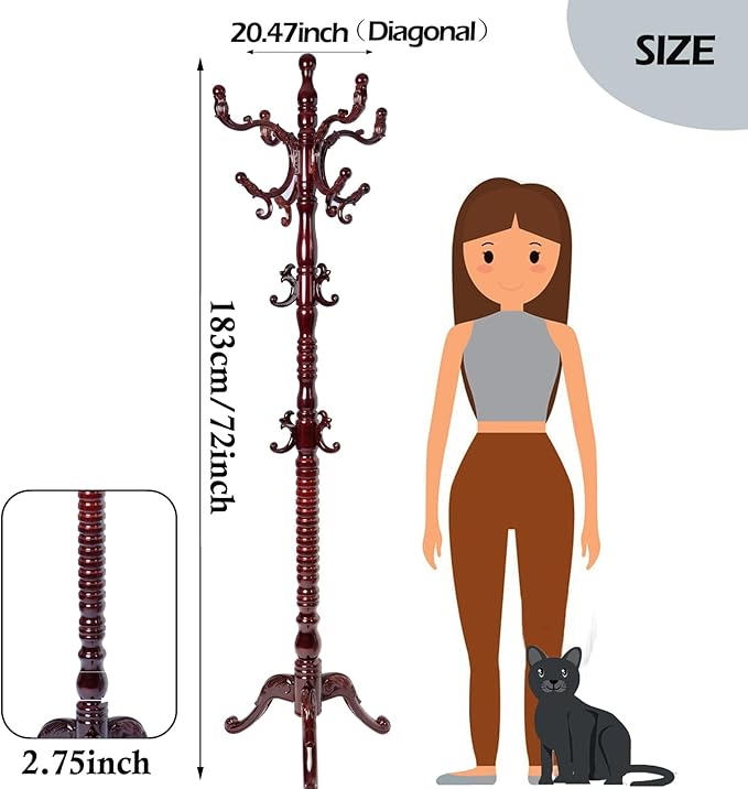 Coat Racks Free Standing with 14 Hooks, Natural Wood Coat Stands for Entryway, Adjustable Height 73 in Tree Coat Rack Stand for Hallway Home Office Bedroom (Mahogany triangle)