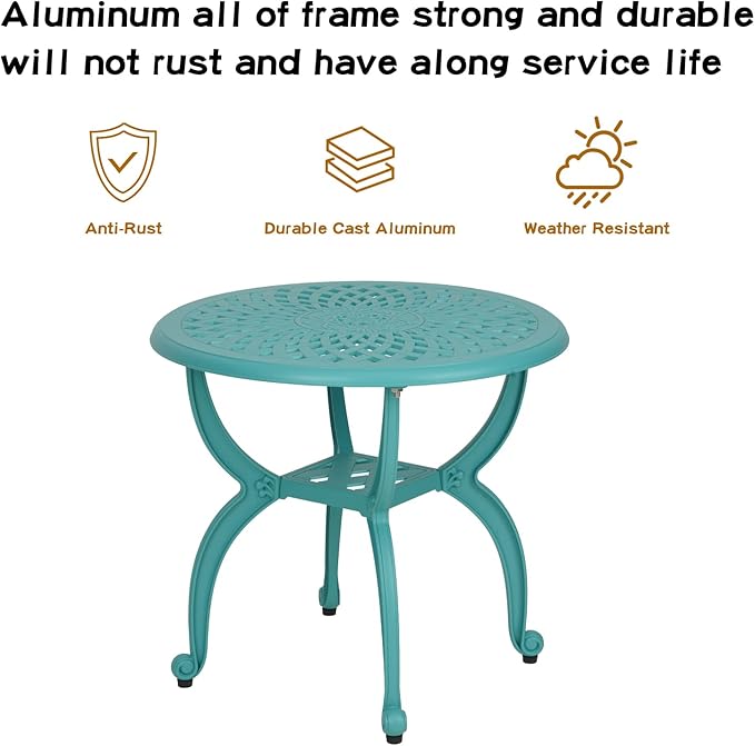 JARDIN DE CENTENNIAL Cast Aluminum Outdoor Side Table,Anti-Rust Outdoor End Table,Patio Coffee Bistro Table for Indoor,Garden,Porch,Balcony(Round Blue)