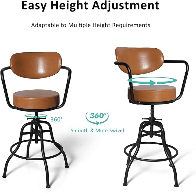 Diwhy Industrial Design Adjustable Height 21.65" - 26" Brown Leather Upholstered Backrest Seat Arm Chair Vintage Counter Stool