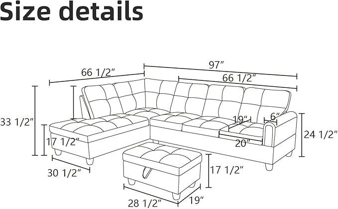 L Shaped Sectional Couches for Living Room, Modern Modular Sectional Sofa with Ottoman Storage, Comfy L Shaped Couch with Chaise for Bedroom Apartment Furniture, Gray