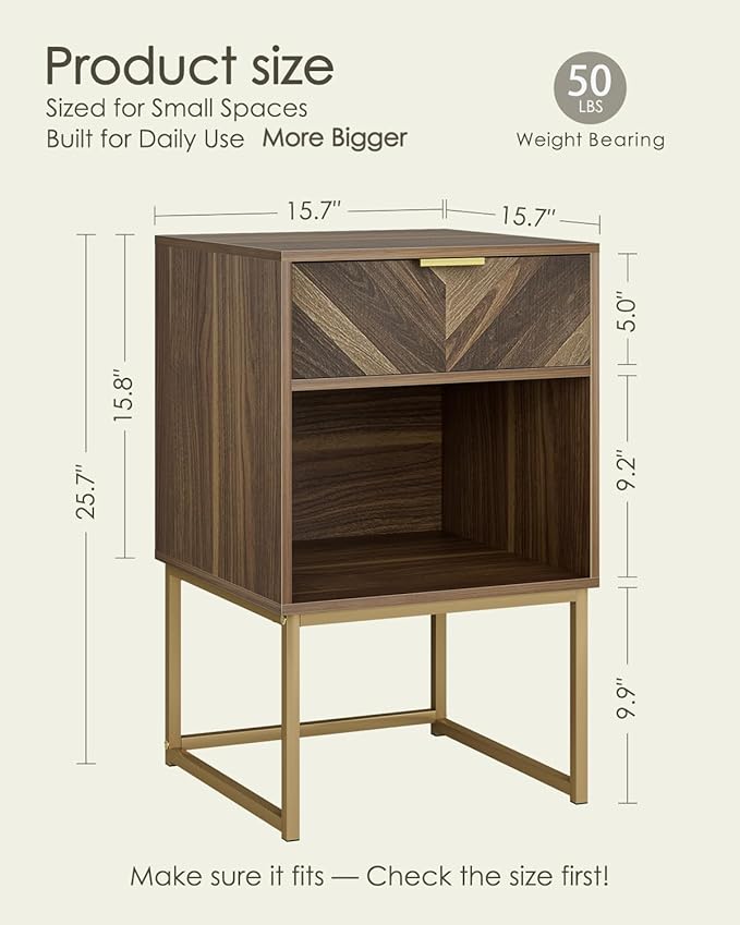 Nightstand,Modern Night Stand Boho Farmhouse Wood Bedside Table with Storage Drawer and Open Shelf,Side End Table for Bedroom,Living Room,Walnut