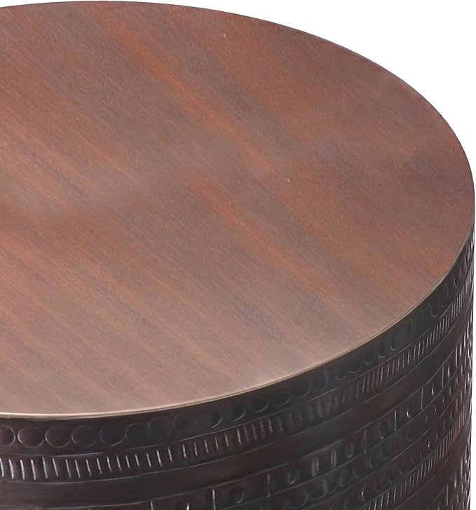 SIMPLIHOME Johnsen Metal Table - 15 inch Wide Solid Iron Drum Accent Table in Oil Rubbed Bronze with Tribal Pattern, Round Boho End Table for Living Room, Bedroom, or Home Office, Fully Assembled