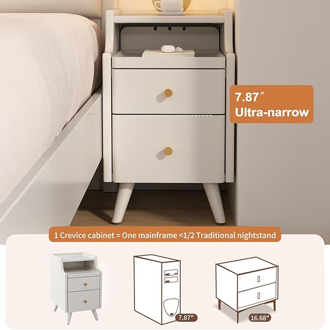 Wood Nightstand, White Nightstand with 2 Drawers, Bedside Table for Bedroom