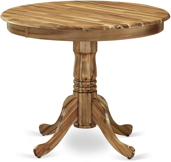 East West Furniture ANLA3-ANA-05 3 Piece Dining Set Contains a Round Kitchen Table with Pedestal and 2 Grey Linen Fabric Parsons Dining Chairs, 36x36 Inch, Natural