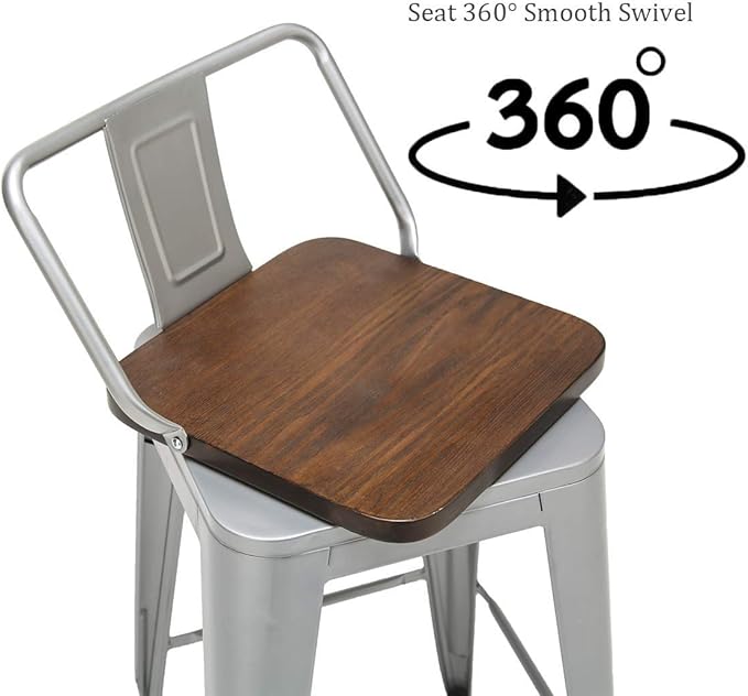 30 Inch Swivel Bar Stools Set of 4 with Backs Counter Height Industrial Metal Barstools Island Bar Chairs for Home Kitchen Dining Room (Swivel 30 inch, Silver Wooden)