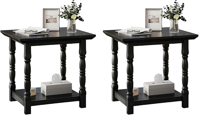 DWVO Farmhouse Square Coffee Table Set of 2, Antique Accent Side Table with Floor Shelf, 23.6"x 23.6" Living Room Furniture, Black