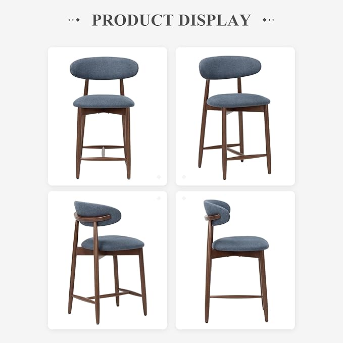 COLAMY Mid Century Modern Bar Stools Set of 4, Counter Height, Blue Fabric Upholstered Wooden Barstools with Back, 25 Inch