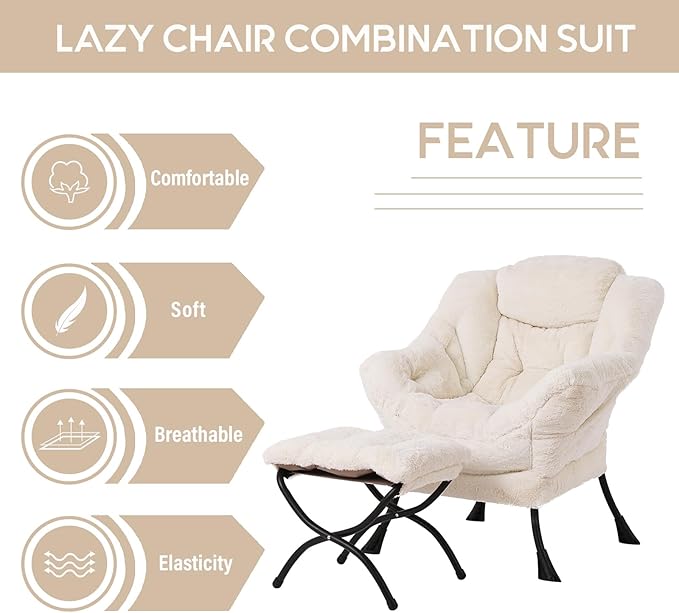 LITA Lazy Chair with Ottoman, Modern Accent Leisure Upholstered Sofa Chair, Lounge Reading Chair with Armrests and a Side Pocket for Living Room, Bedroom & Small Space, Plush Beige
