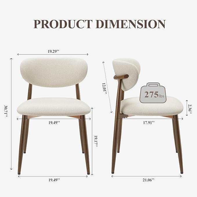 Dining Chairs Set of 2, Ergonomic Fabric Upholstered Seating with Wood Look Metal Legs and Anti Slip Pads, for Home and Restaurant Use, Beige