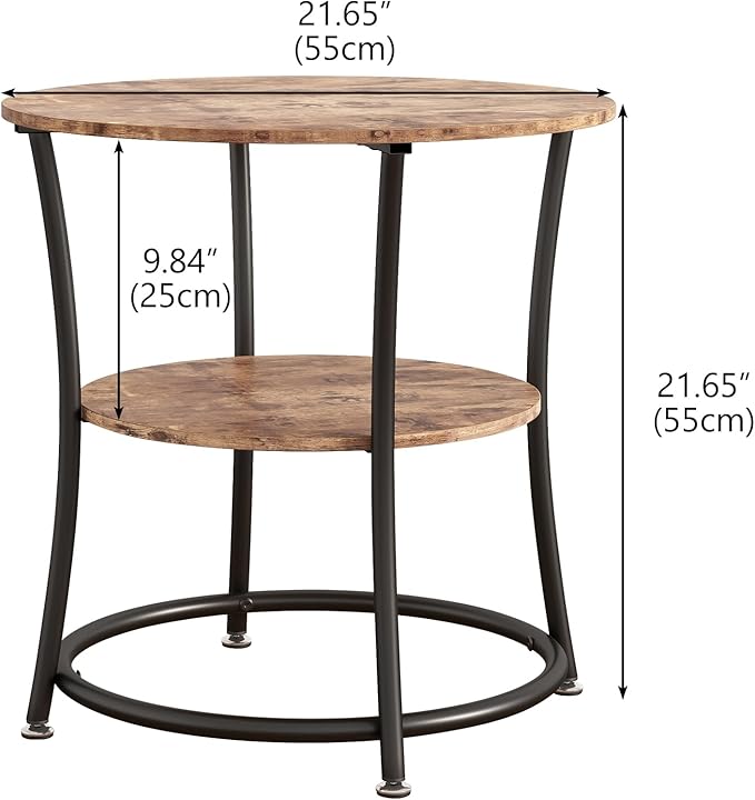BOFENG Round Coffee Table Side Table,Round End Table with 2 Storage Shelves for Living Room, Bedroom,Small Space,Coffee Table Nightstand with Sturdy Metal Frame,Easy Assembly,Rustic Brown