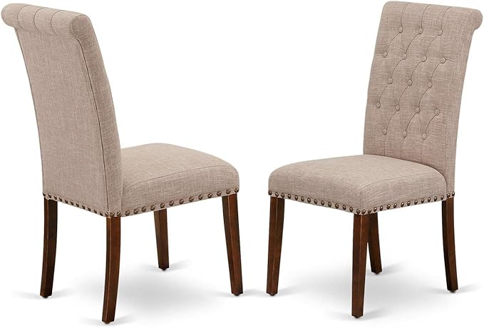 East West Furniture OXBR5-MAH-04 5 Piece Dining Room Table Set Includes a Square Wooden Table and 4 Light Tan Linen Fabric Upholstered Parson Chairs, 36x36 Inch, Mahogany