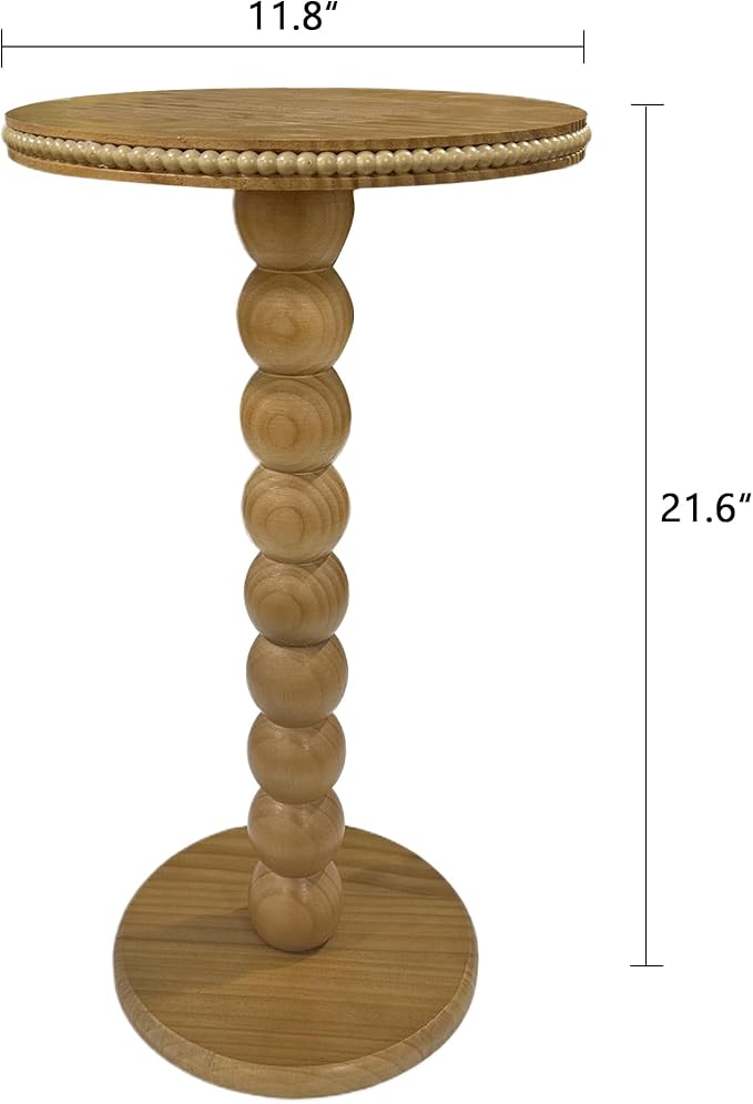 JUIOETURBoho Beaded Round Side Table - Handcrafted Small Accent Table for Small Spaces w/Solid Wood Leg - Drink Table for Living Room, Bedroom, Dorm, Office & Tight Corners (Nature)