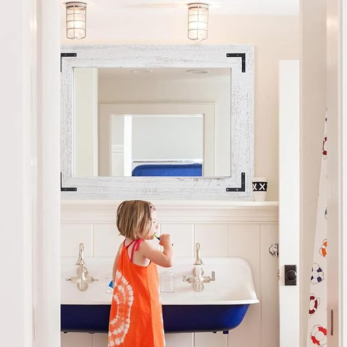 YOSHOOT Rustic Wooden Framed Wall Mirror, Natural Wood Bathroom Vanity Mirror for Farmhouse Decor, Vertical or Horizontal Hanging, 32" x 24",White Grey