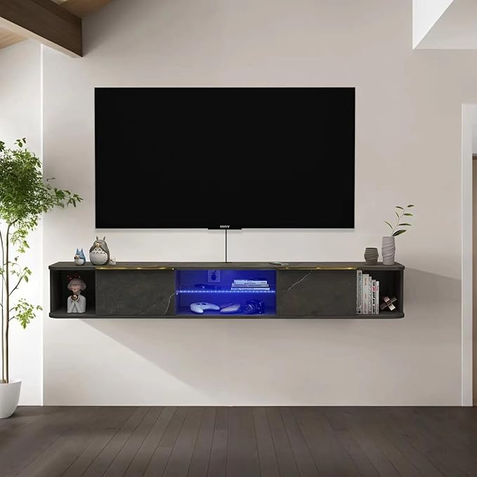 Pmnianhua LED Floating TV Stand with 2 Drawers,63'' Under TV Shelf with LED Lights,Wall Mounted TV Console,Floating TV Shelf with Storage for Bedroom Playroom Living Room(Dark Grey)