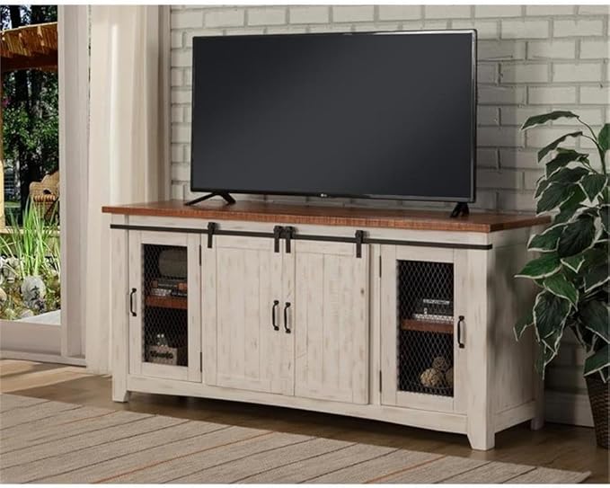 Martin Svensson Home Rustic 65” Solid Wood TV Stand with Storage, White and Aged Distressed Pine
