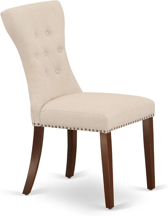 East West Furniture ESGA3-MAH-32 3 Piece Dining Table Set for Small Spaces Contains a Round Wooden Table with Pedestal and 2 Light Beige Linen Fabric Parson Chairs, 30x30 Inch, Mahogany